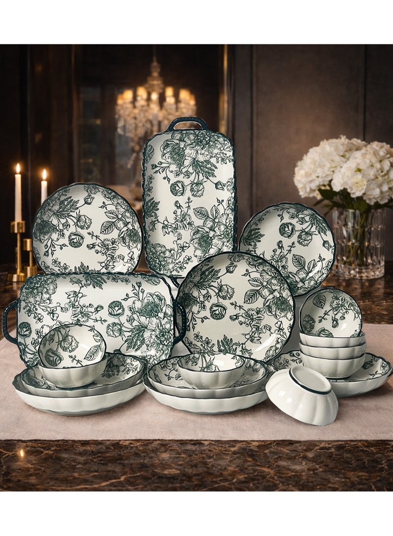 18Pcs Dinnerware Set, Gift Kit, Classic Elegant Ceramic Tableware, Dishwasher and Microwave Safe, Green Rose - Image 1